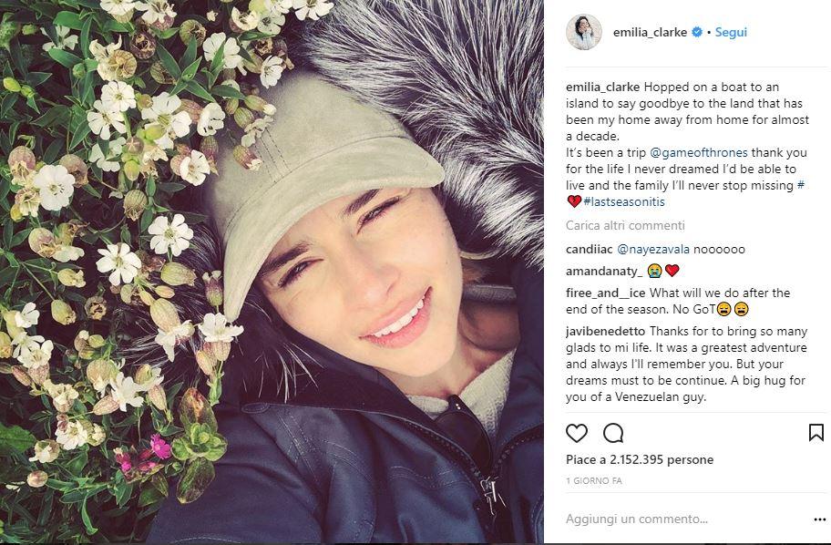 Emilia Clarke, commovente addio social dopo la fine delle riprese di “Game of Thrones”