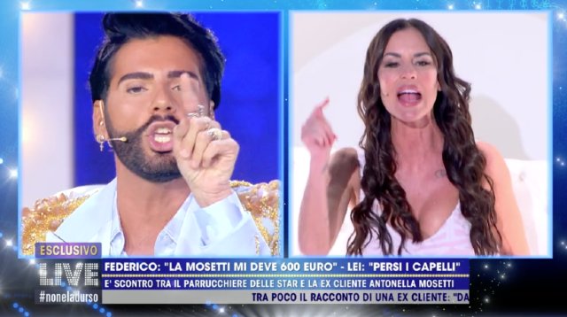 Federico Fashion Style e Antonella Mosetti, litigata epica in tv dalla D’Urso: lui le dice ‘buffarola’, lei ‘ladro schifoso’