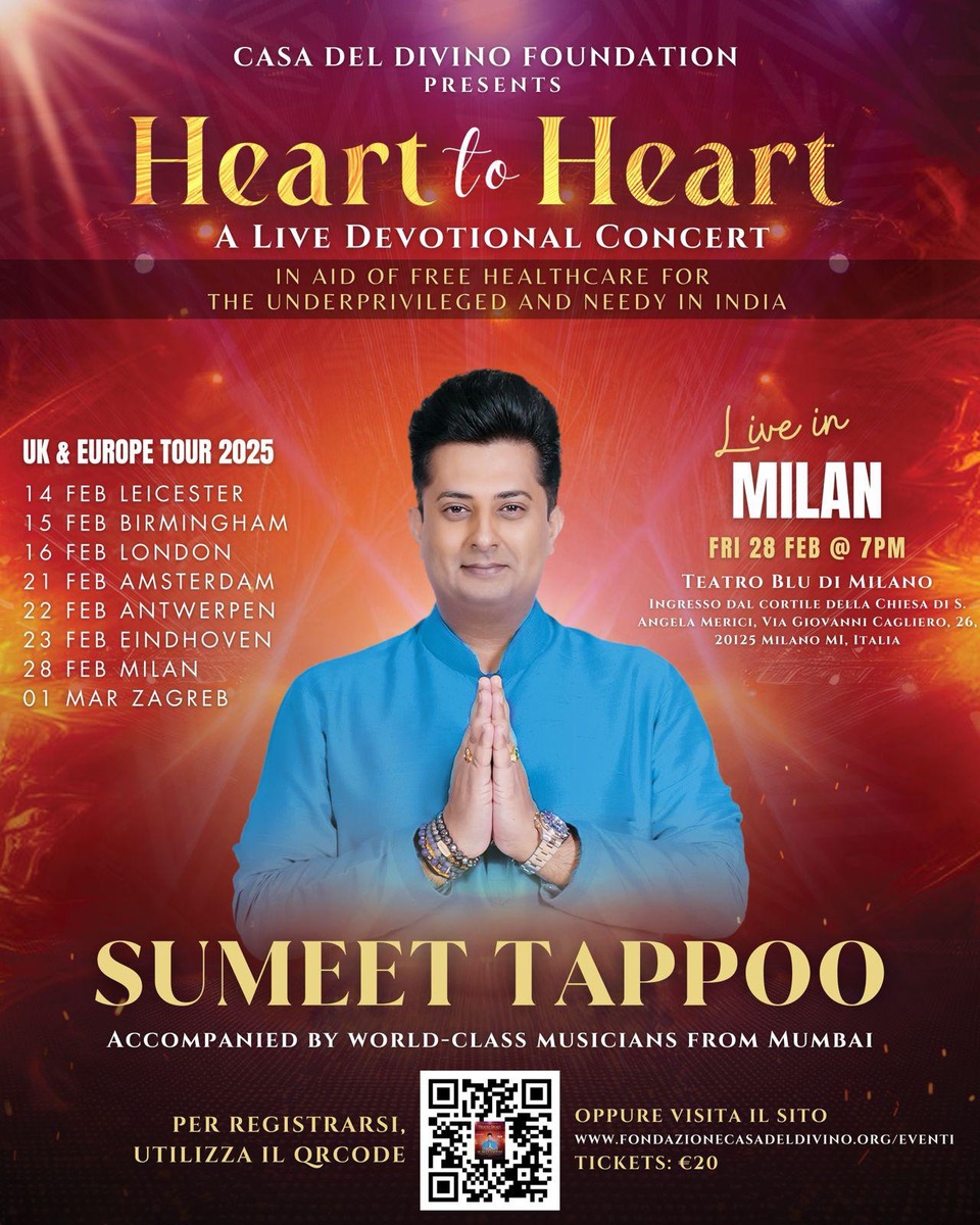 Dall’India all’Italia, con Amore…  Il 28 febbraio il cantante filantropo Sumeet Tappoo in concerto a Milano nel tour Europeo Heart to Heart